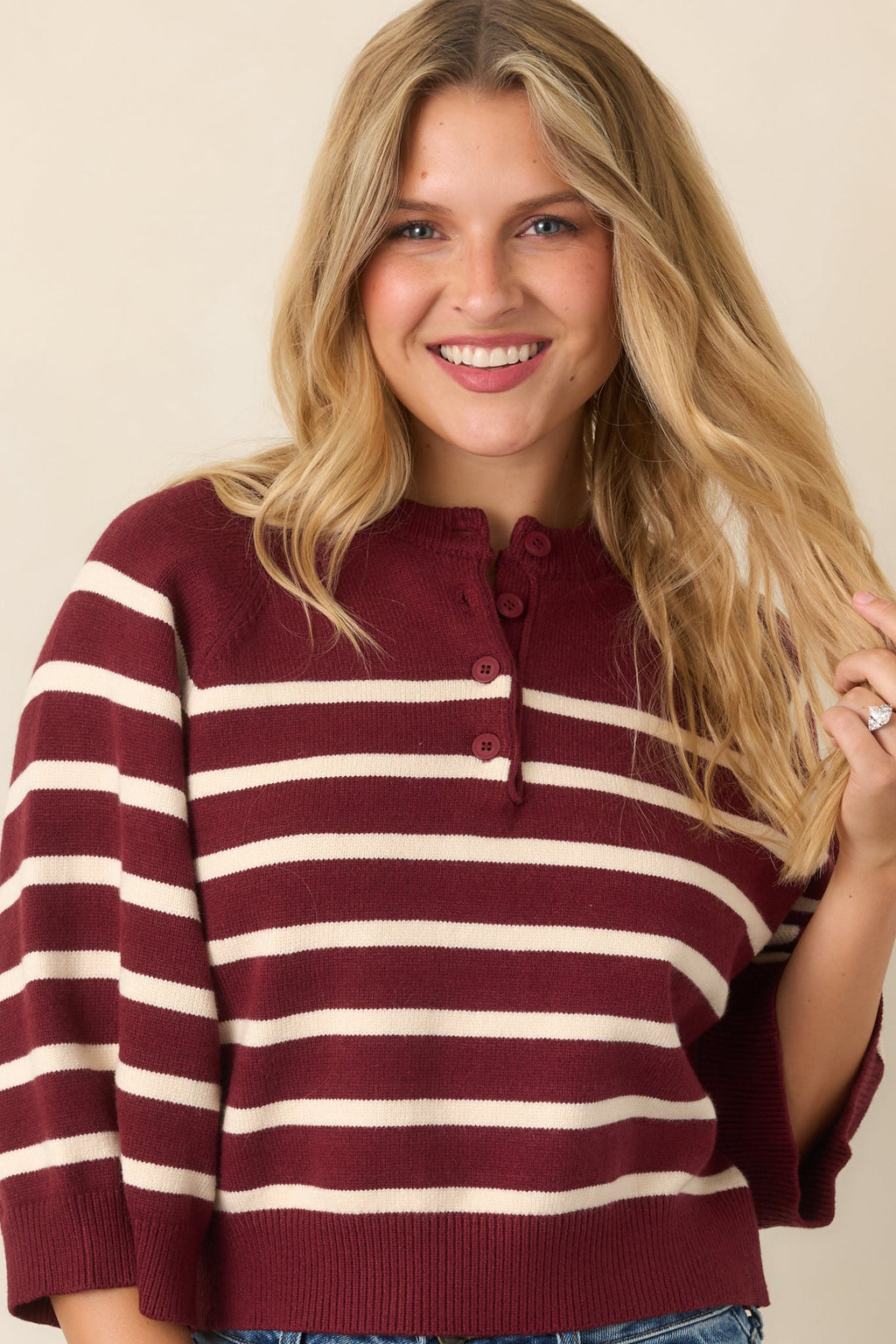Right in Line Burgundy & Ivory Striped Henley Knit Sweater