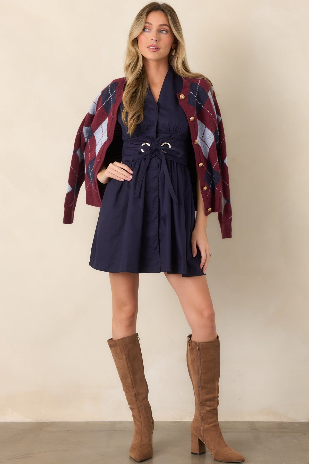 Come Together Navy Cotton Belted Mini Dress