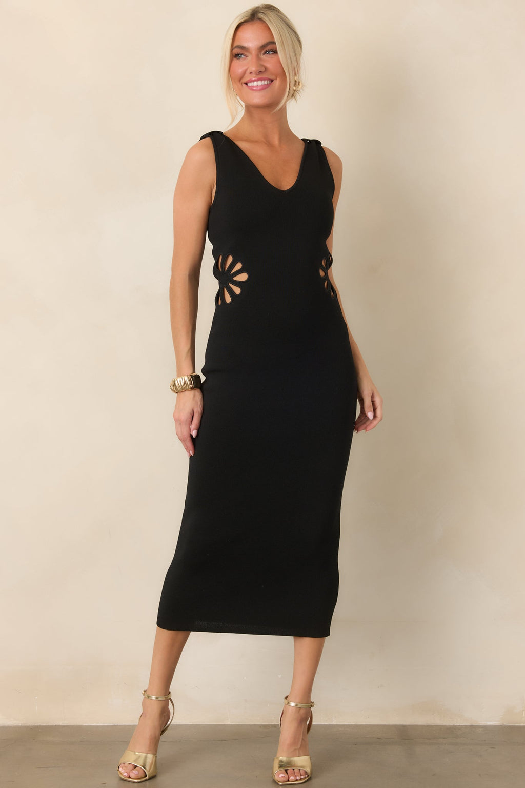 Nothing to Hide Black Floral Cutout Knit Midi Dress