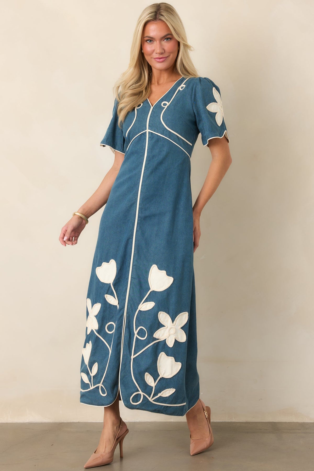 Blue Jean Baby Denim & Ivory Floral Appliqué Maxi Dress