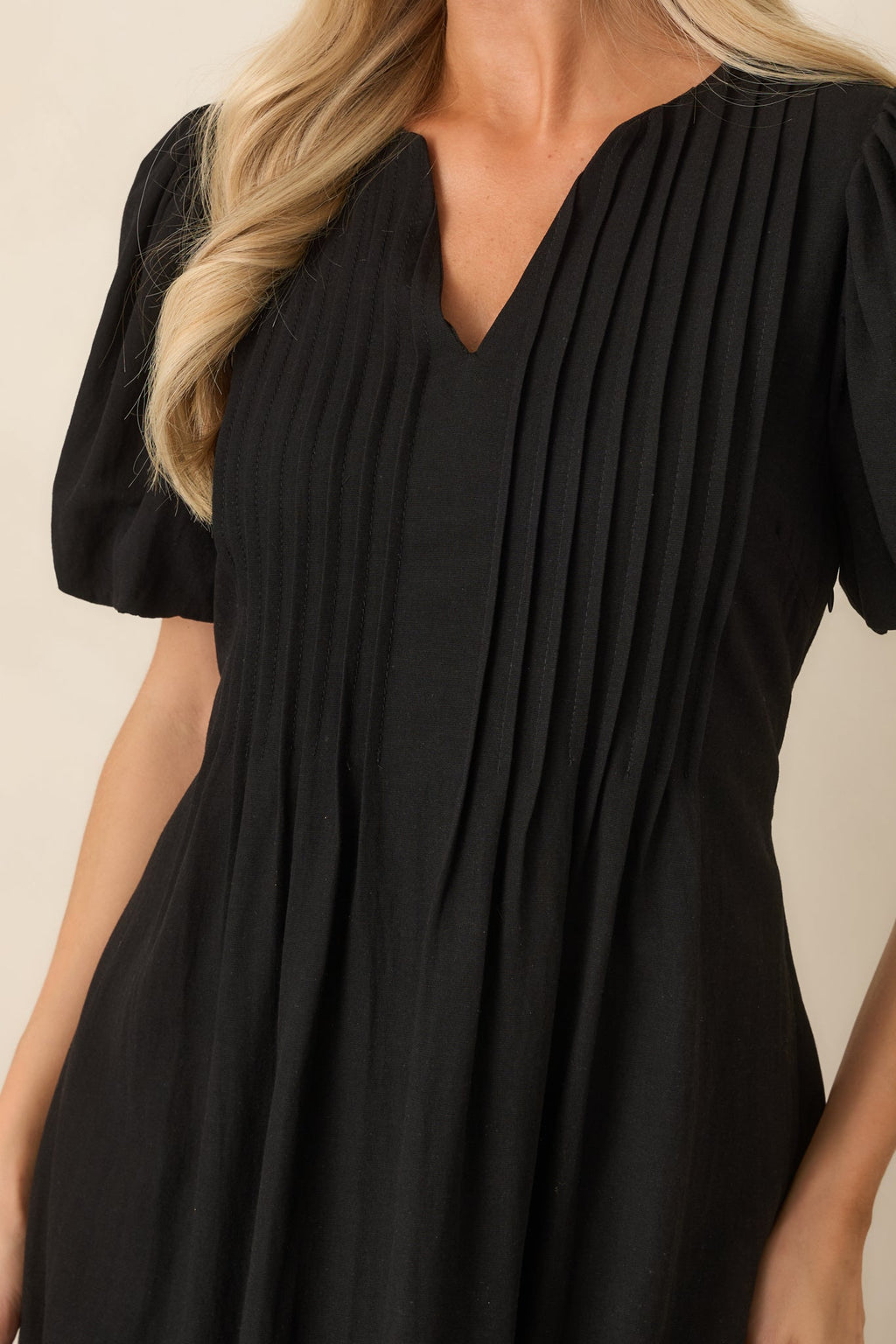 Tucked Away Memories Black Pintuck Puff Sleeve Midi Dress