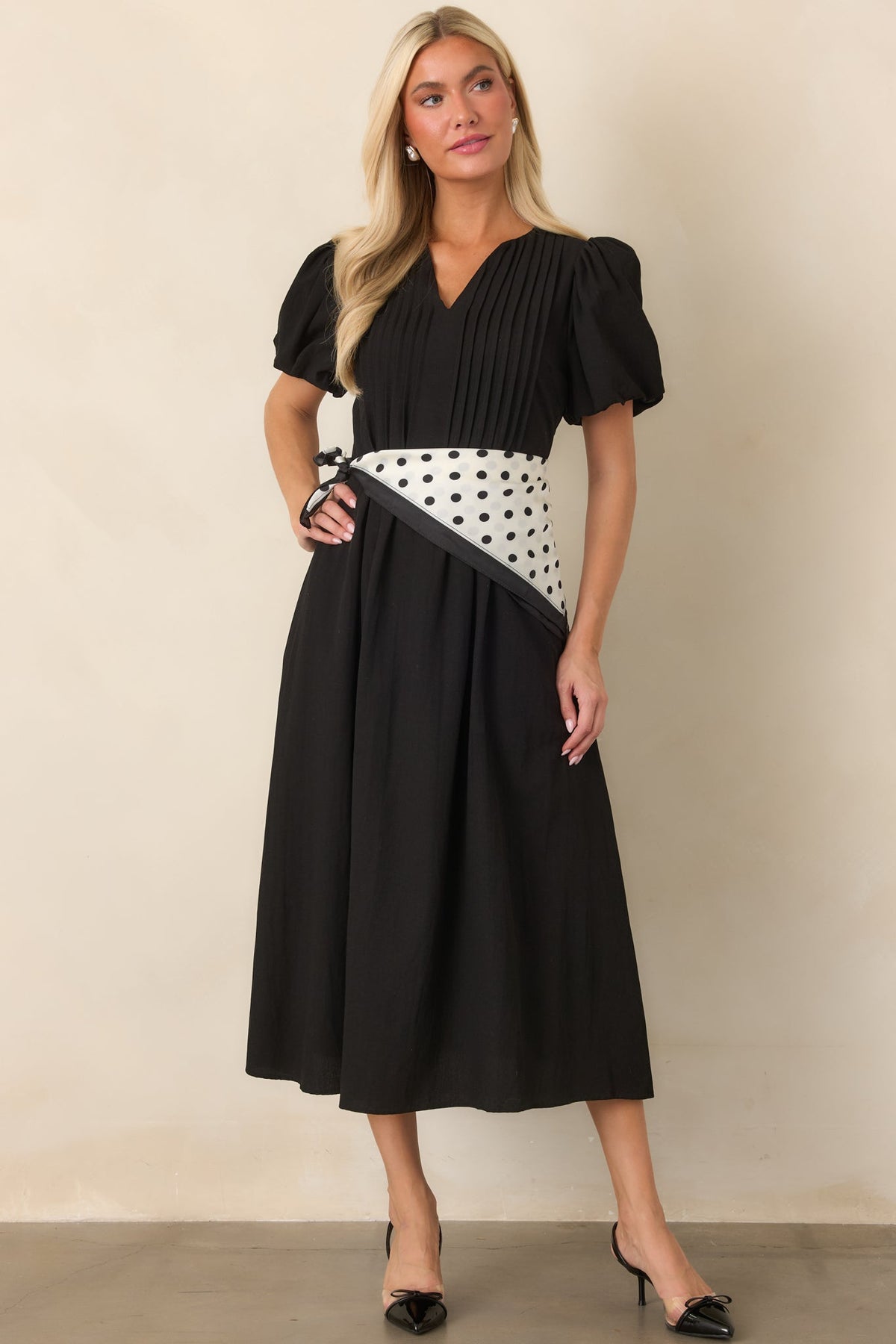 Tucked Away Memories Black Pintuck Puff Sleeve Midi Dress