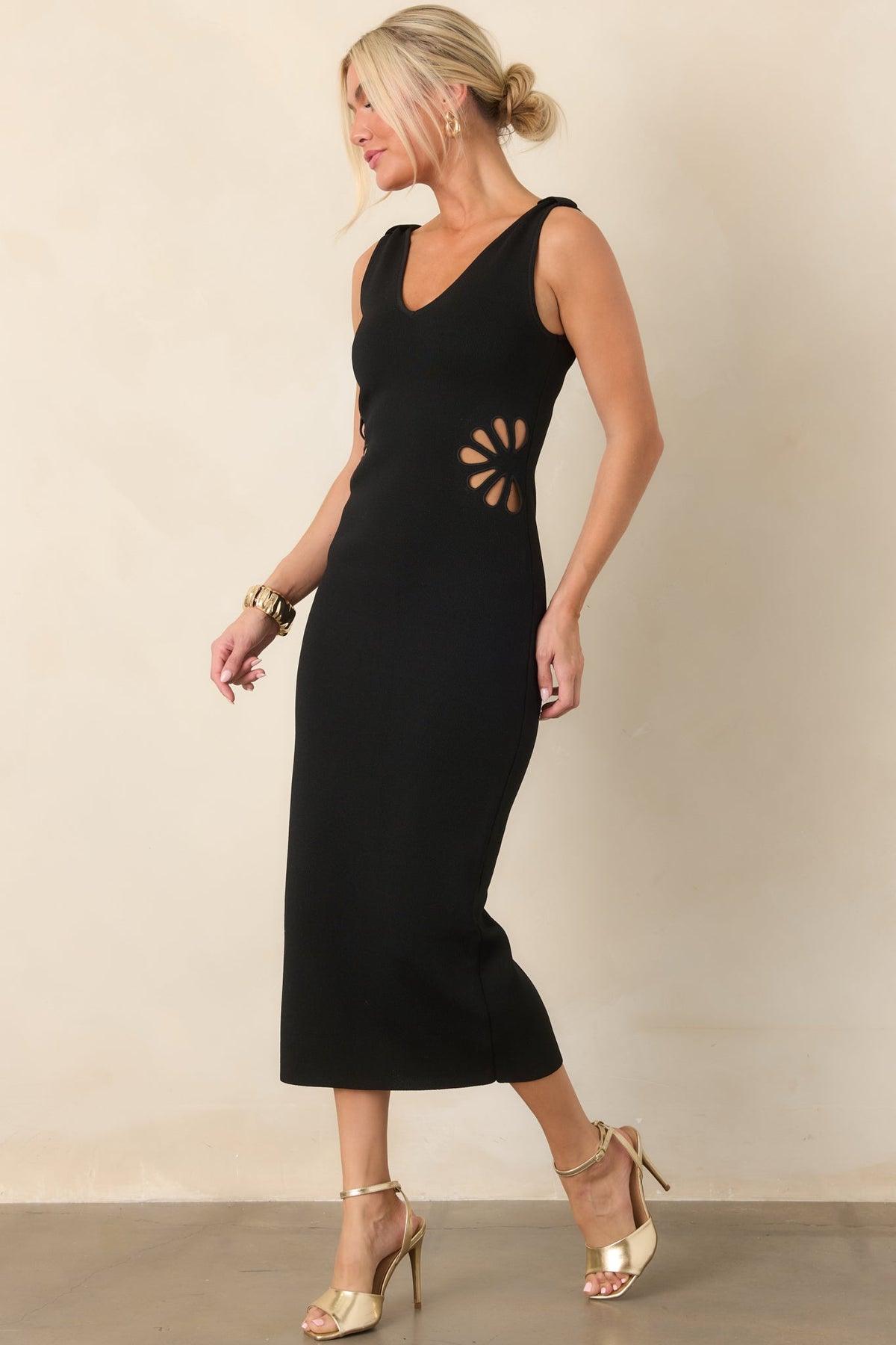 Nothing to Hide Black Floral Cutout Knit Midi Dress