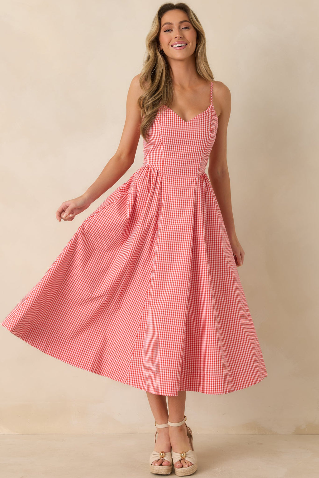 Weekend on the Coast Poppy Red Gingham Sleeveless Midi Dress