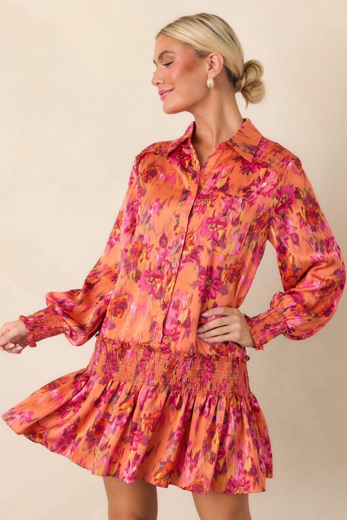 Impossible to Miss Orange Multi Floral Satin Mini Dress