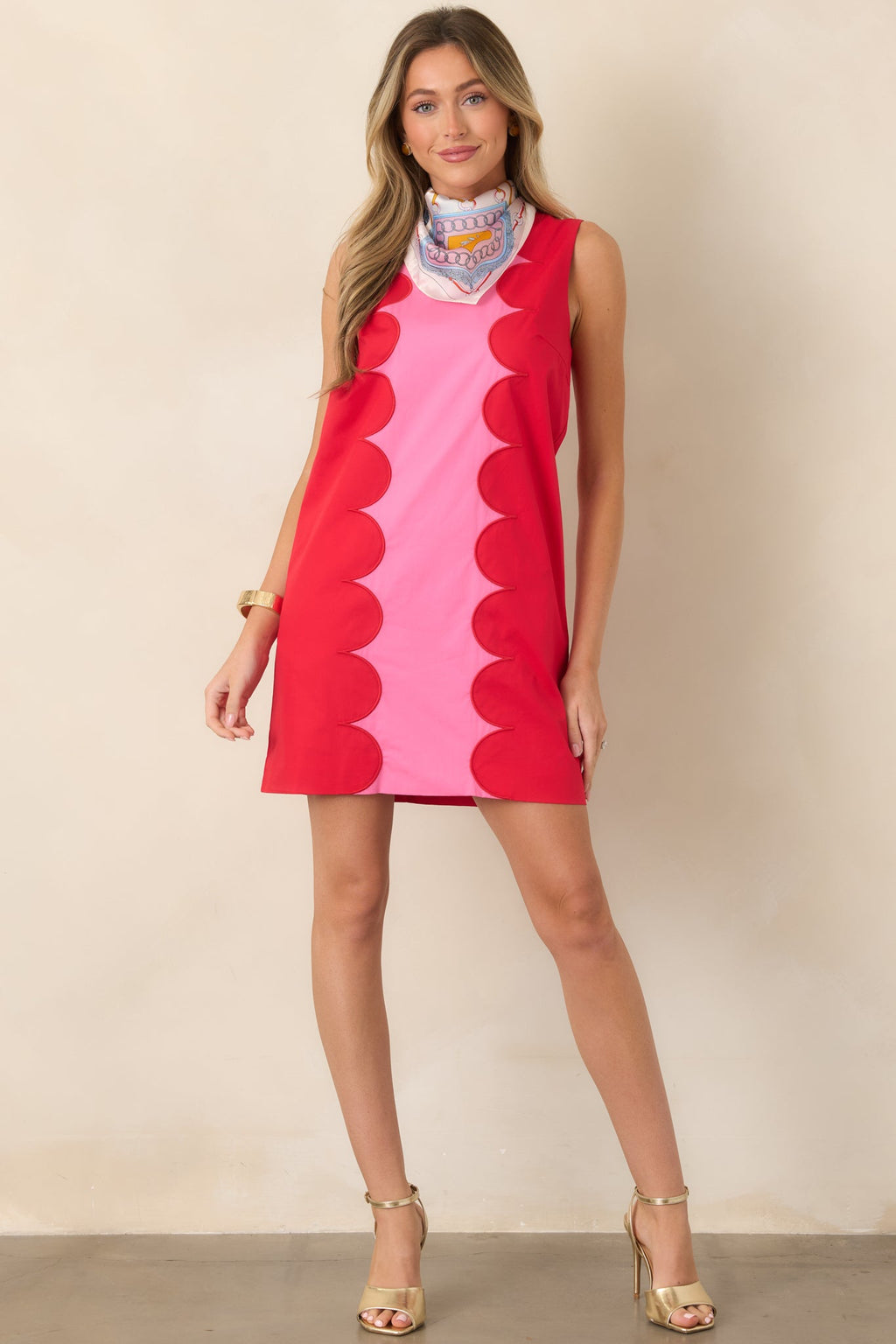 Mod About You Red & Pink Cotton Contrast Scallop Mini Dress