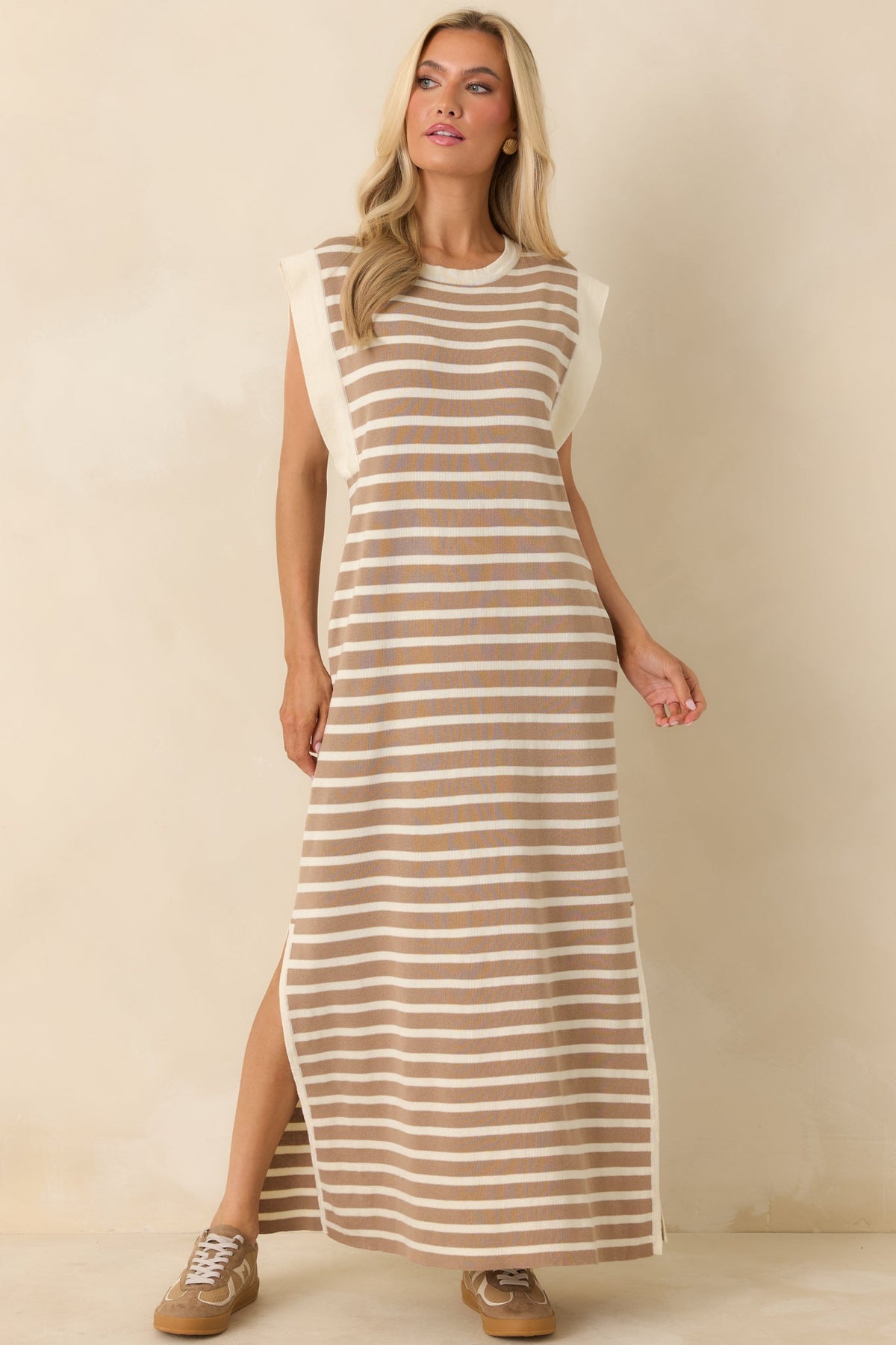 Keep It Straight Taupe Stripe Stretch Knit Maxi Dress