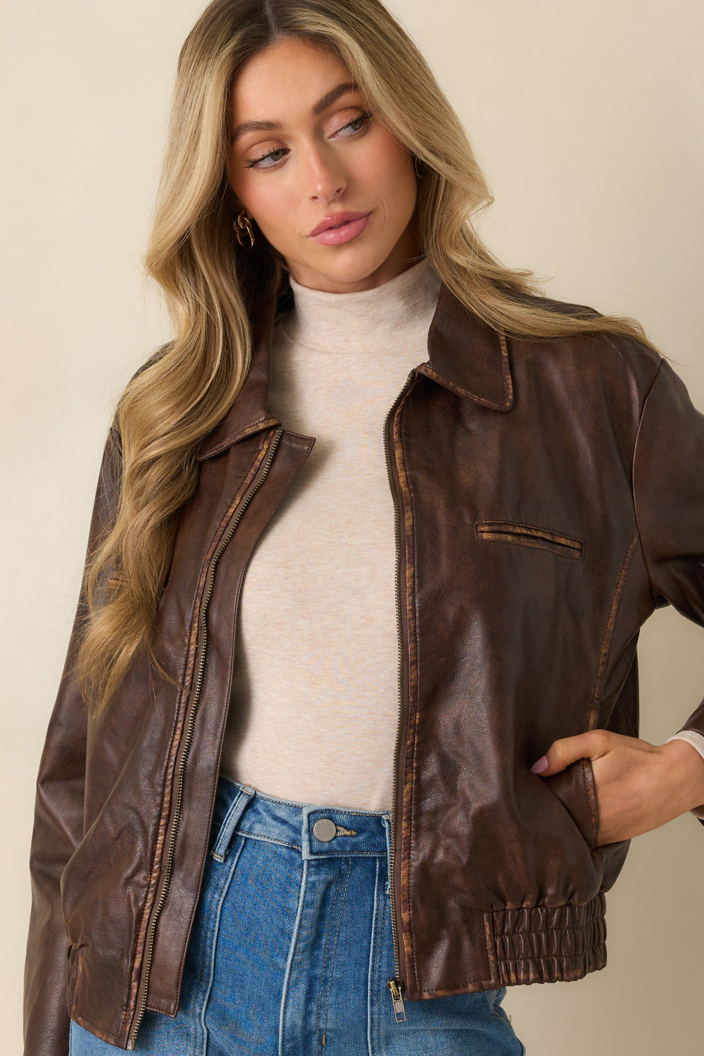 Rugged Reputation Brown Faux Distressed Leather Zip-Up Jacket