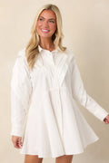 All The Angles White Cotton Pleated Detail Long Sleeve Button-Up Mini Dress