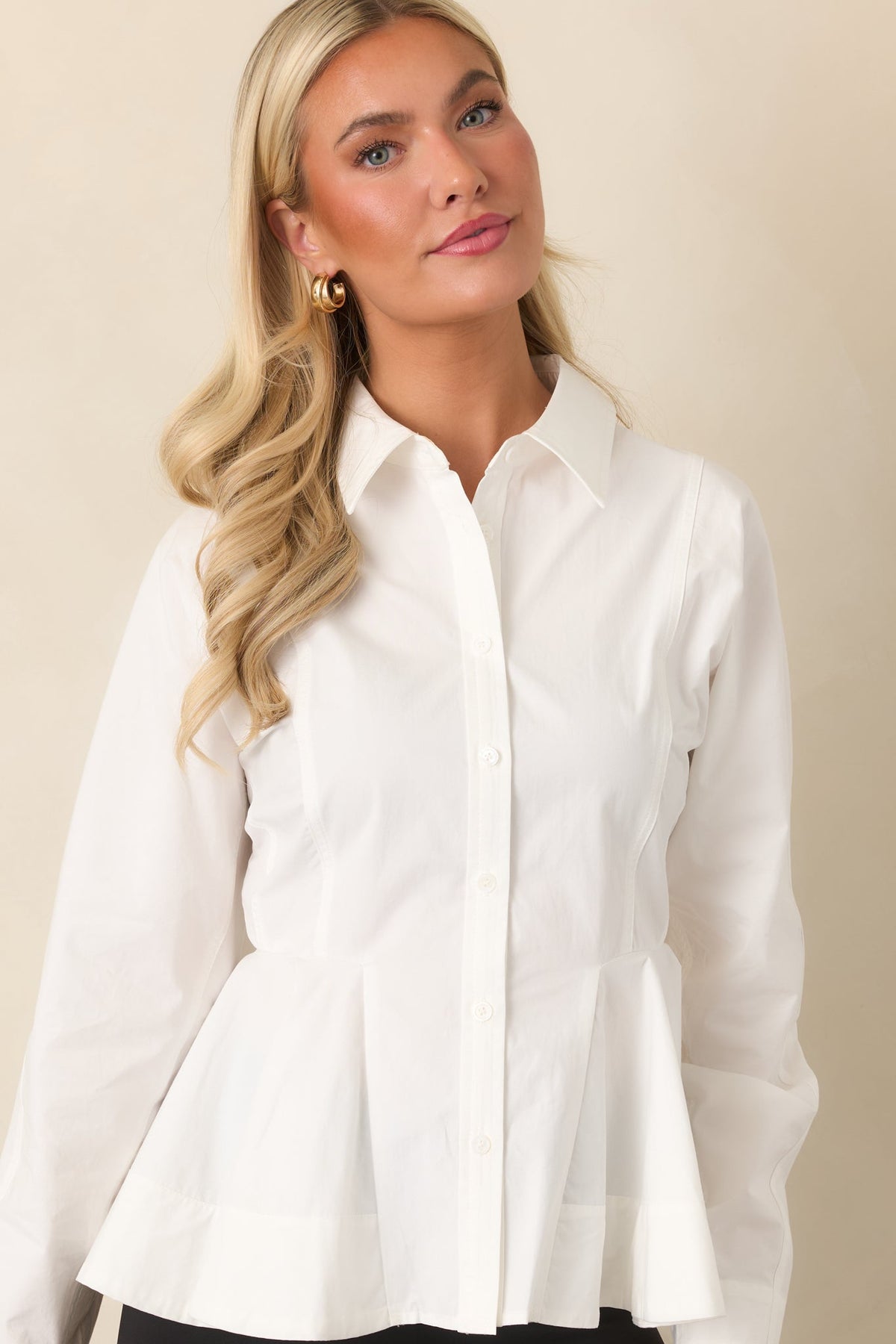 Good to Know White Cotton Peplum Button Front Blouse