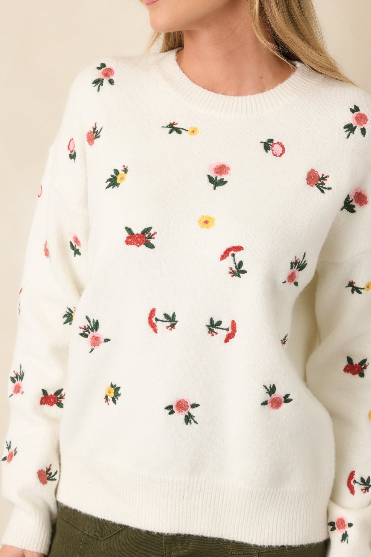 Naturally Yours White Multi Floral Embroidered Knit Sweater