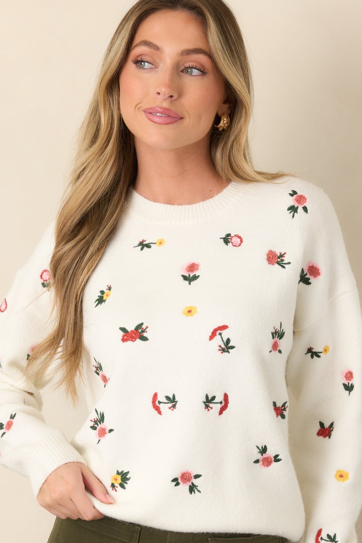 Naturally Yours White Multi Floral Embroidered Knit Sweater