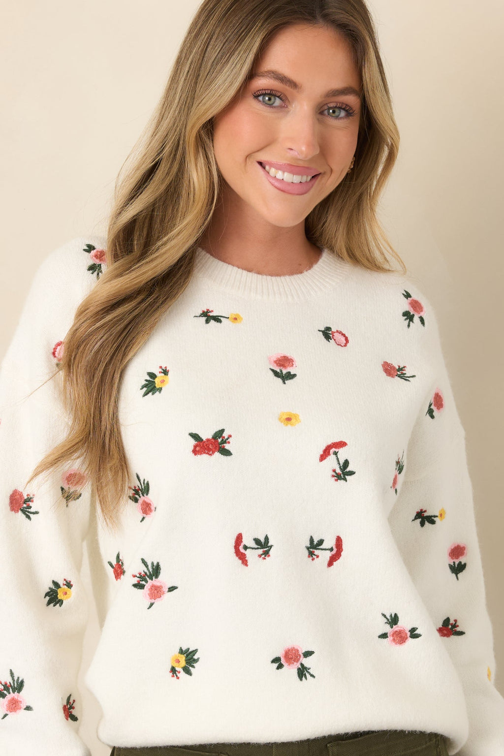 Naturally Yours White Multi Floral Embroidered Knit Sweater