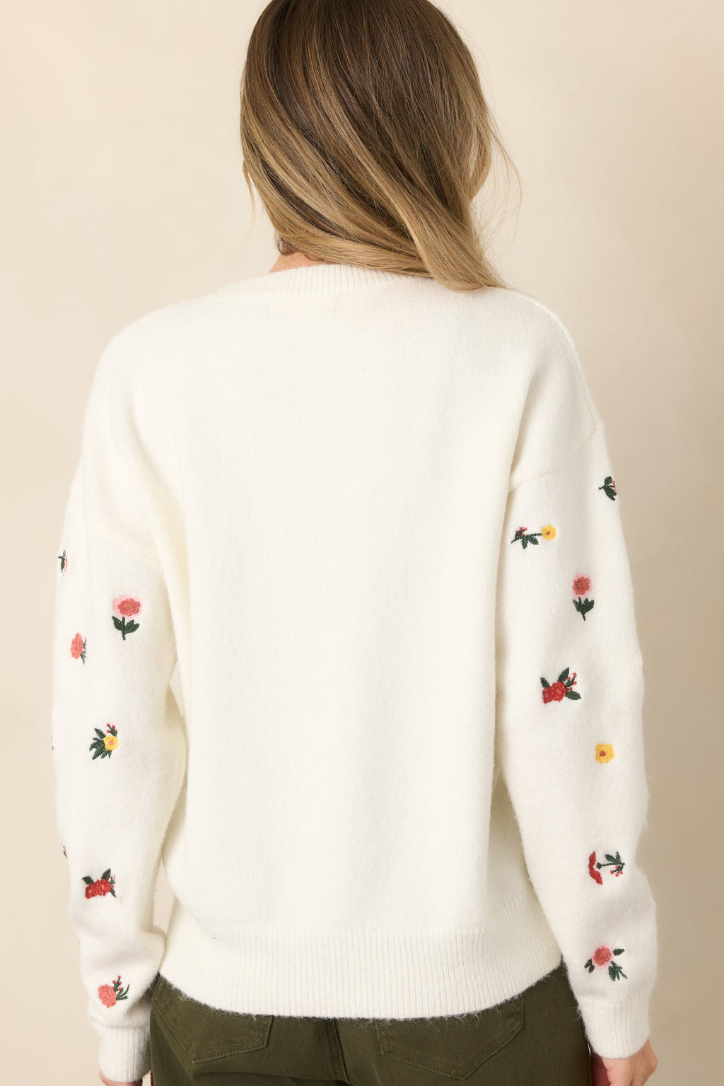Naturally Yours White Multi Floral Embroidered Knit Sweater