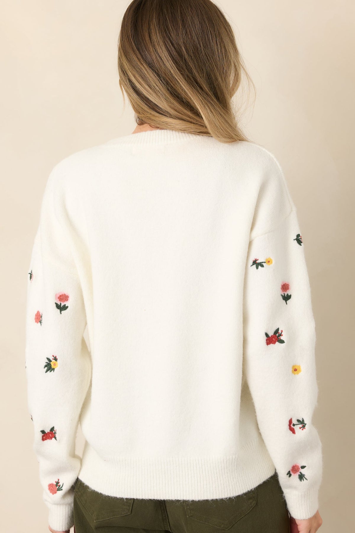 Naturally Yours White Multi Floral Embroidered Knit Sweater