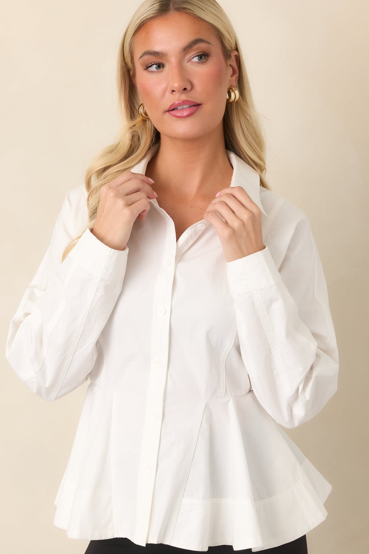 Good to Know White Cotton Peplum Button Front Blouse