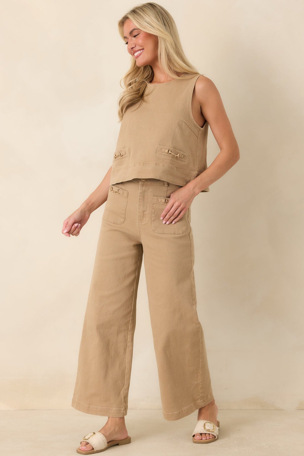 Stable Style Camel Horsebit Accent Wide Leg Denim Pants