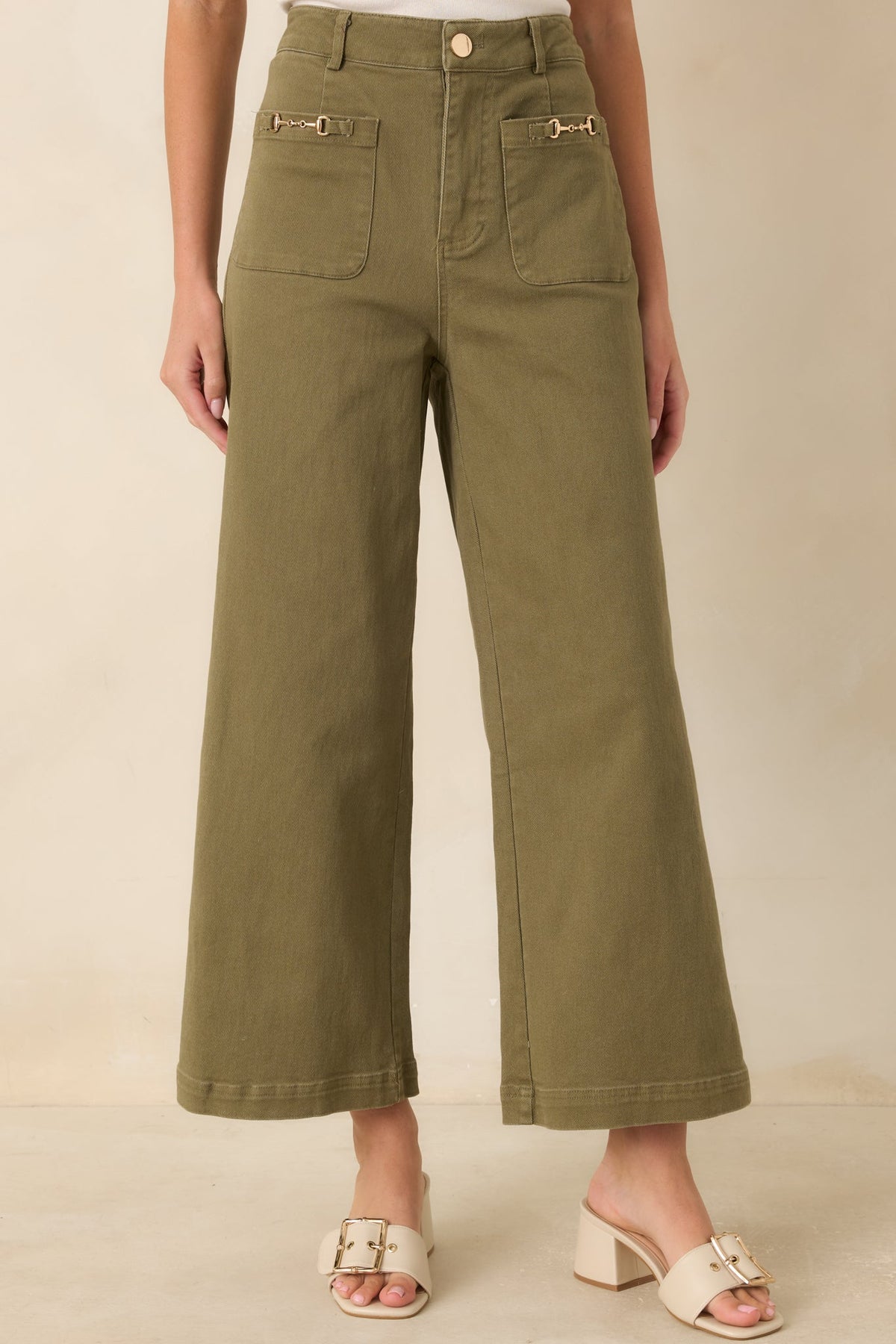 Stable Style Olive Green Horsebit Accent Wide Leg Denim Pants