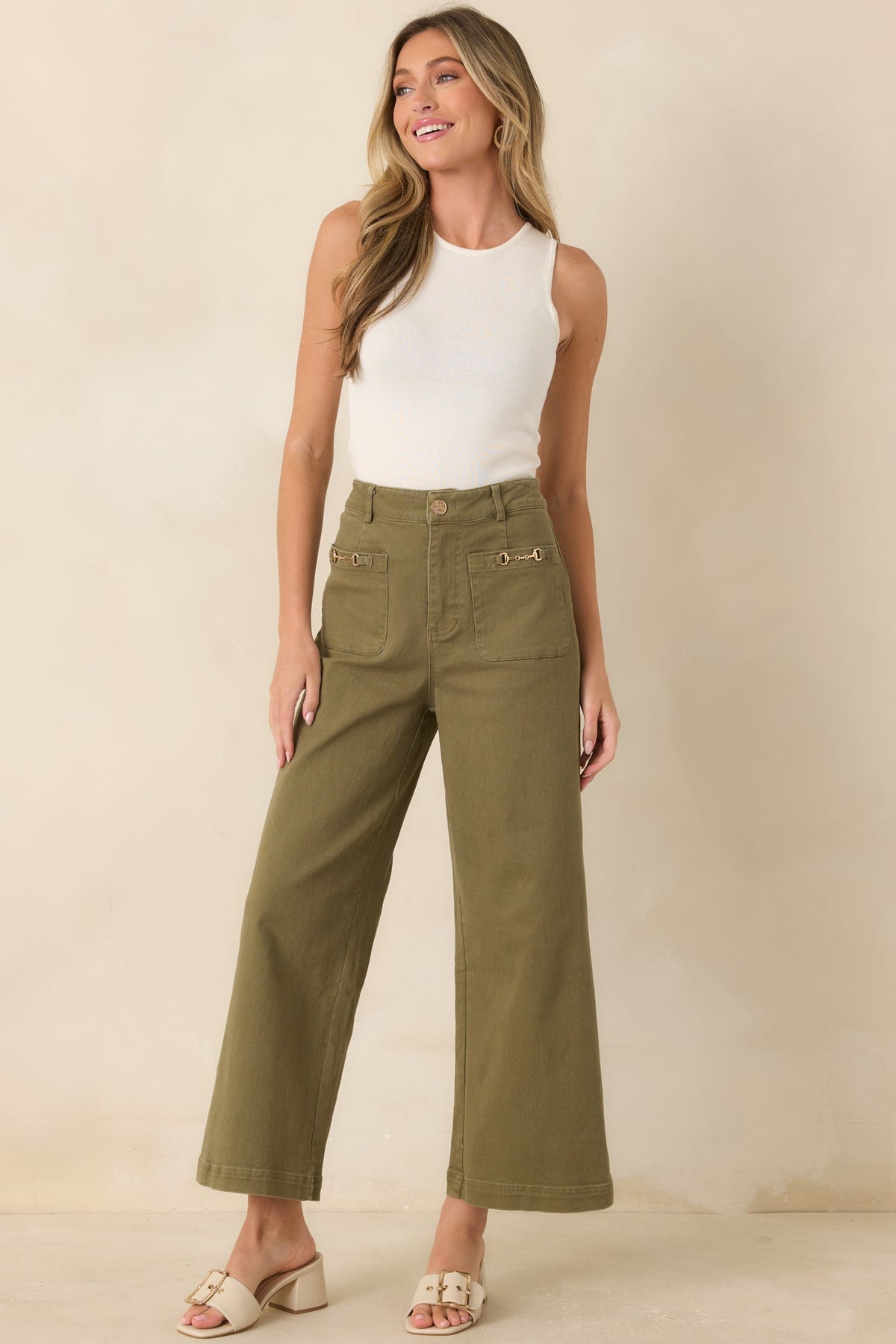 Stable Style Olive Green Horsebit Accent Wide Leg Denim Pants