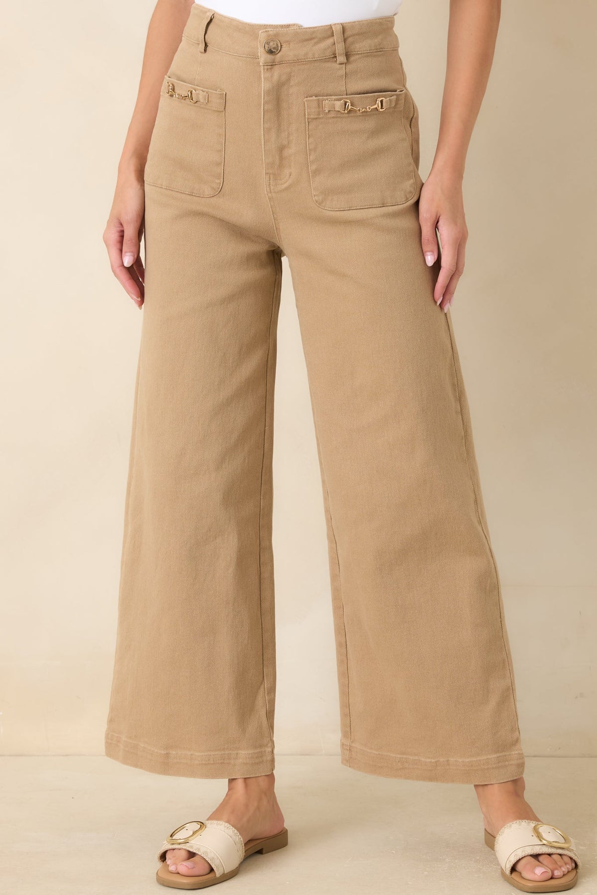 Stable Style Camel Horsebit Accent Wide Leg Denim Pants