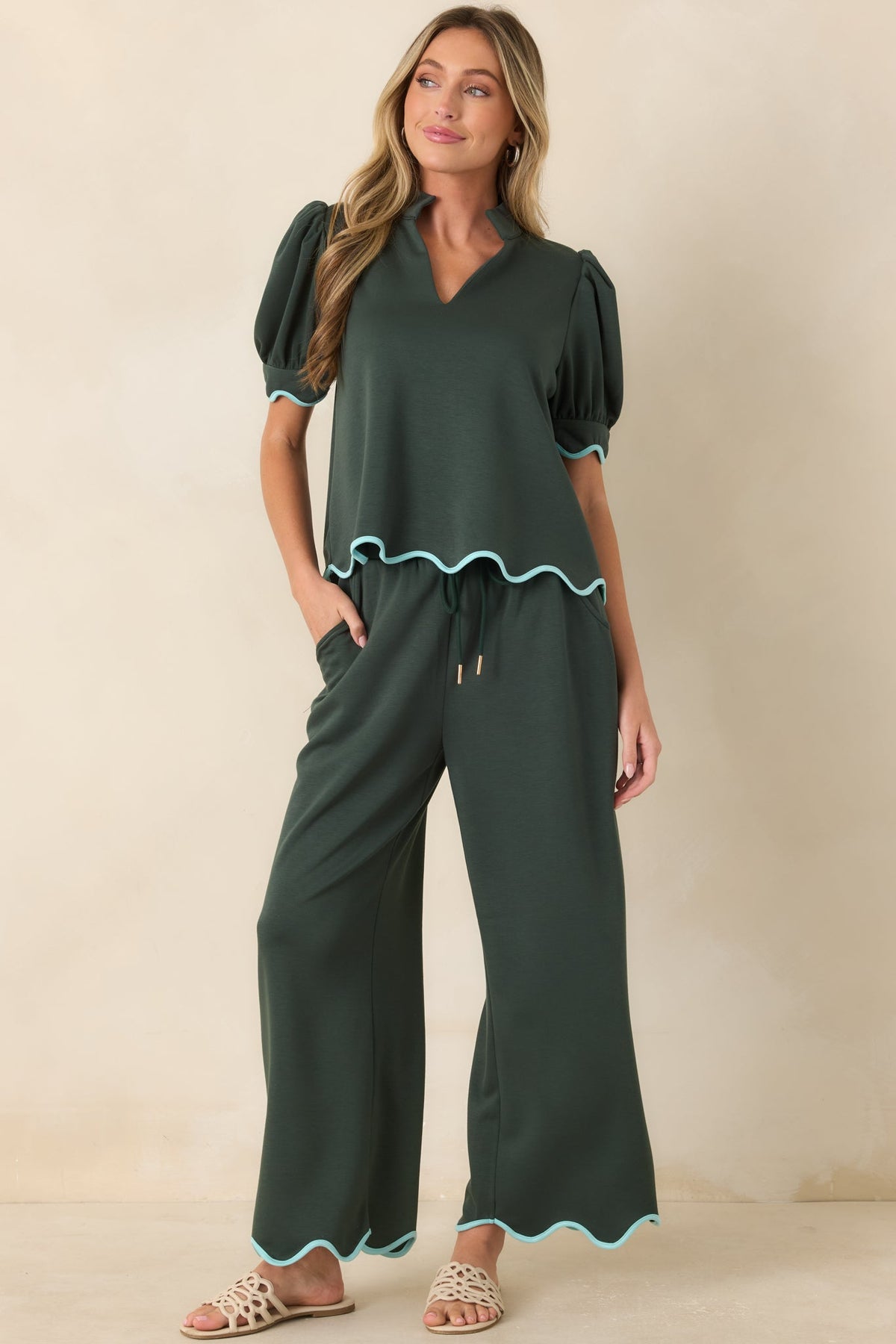On My Time Hunter Green Scalloped Trim Wide Leg Pants