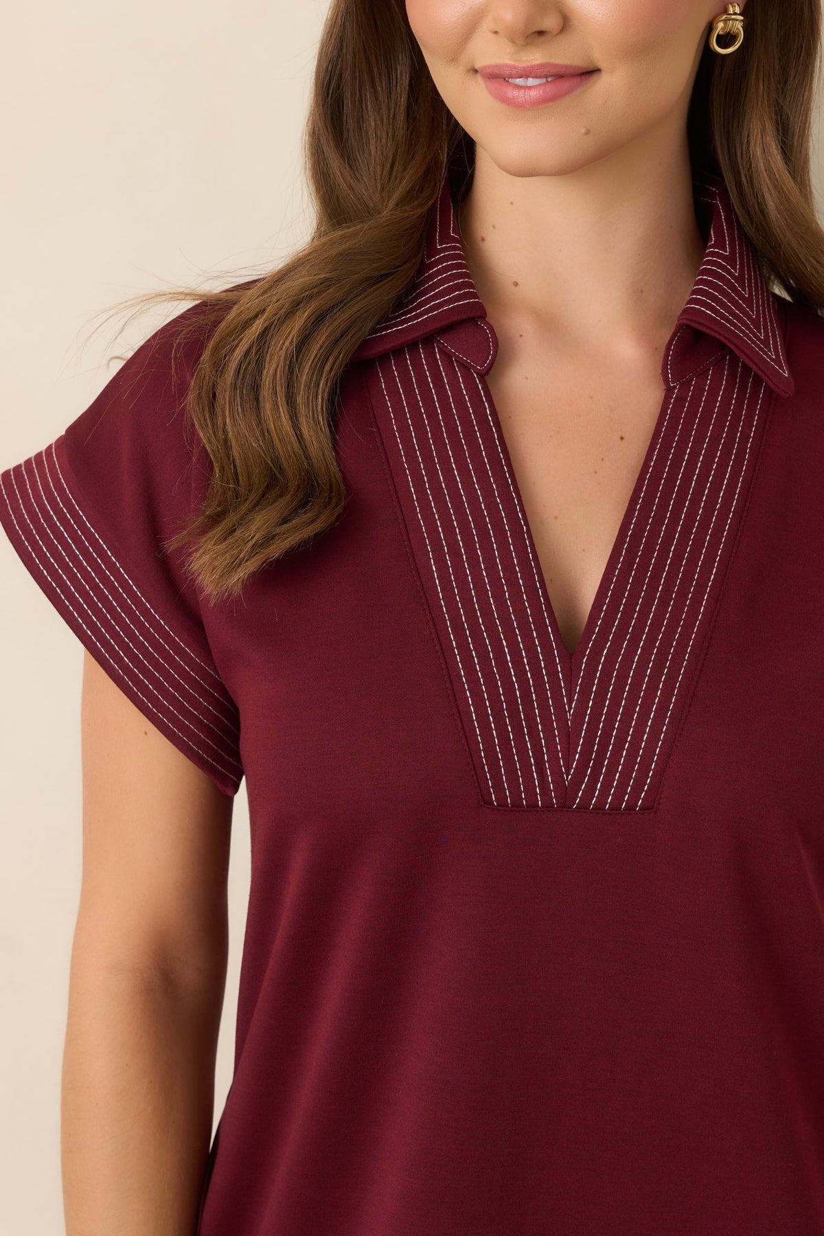 One Less Thing Wine V-Neck Contrast Pinstripe Maxi Dress