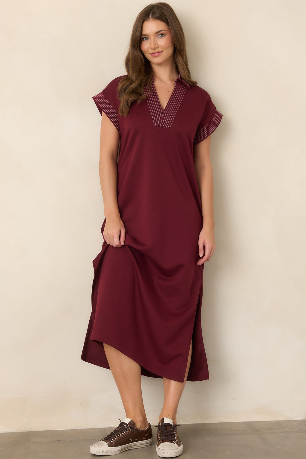 One Less Thing Wine V-Neck Contrast Pinstripe Maxi Dress