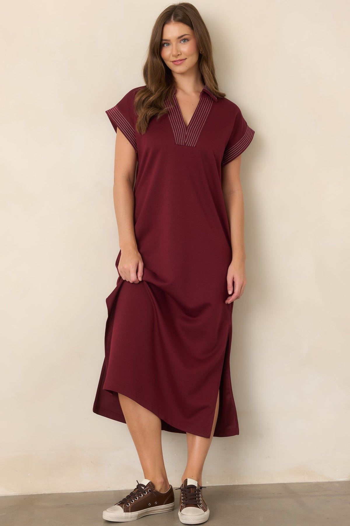 One Less Thing Wine V-Neck Contrast Pinstripe Maxi Dress