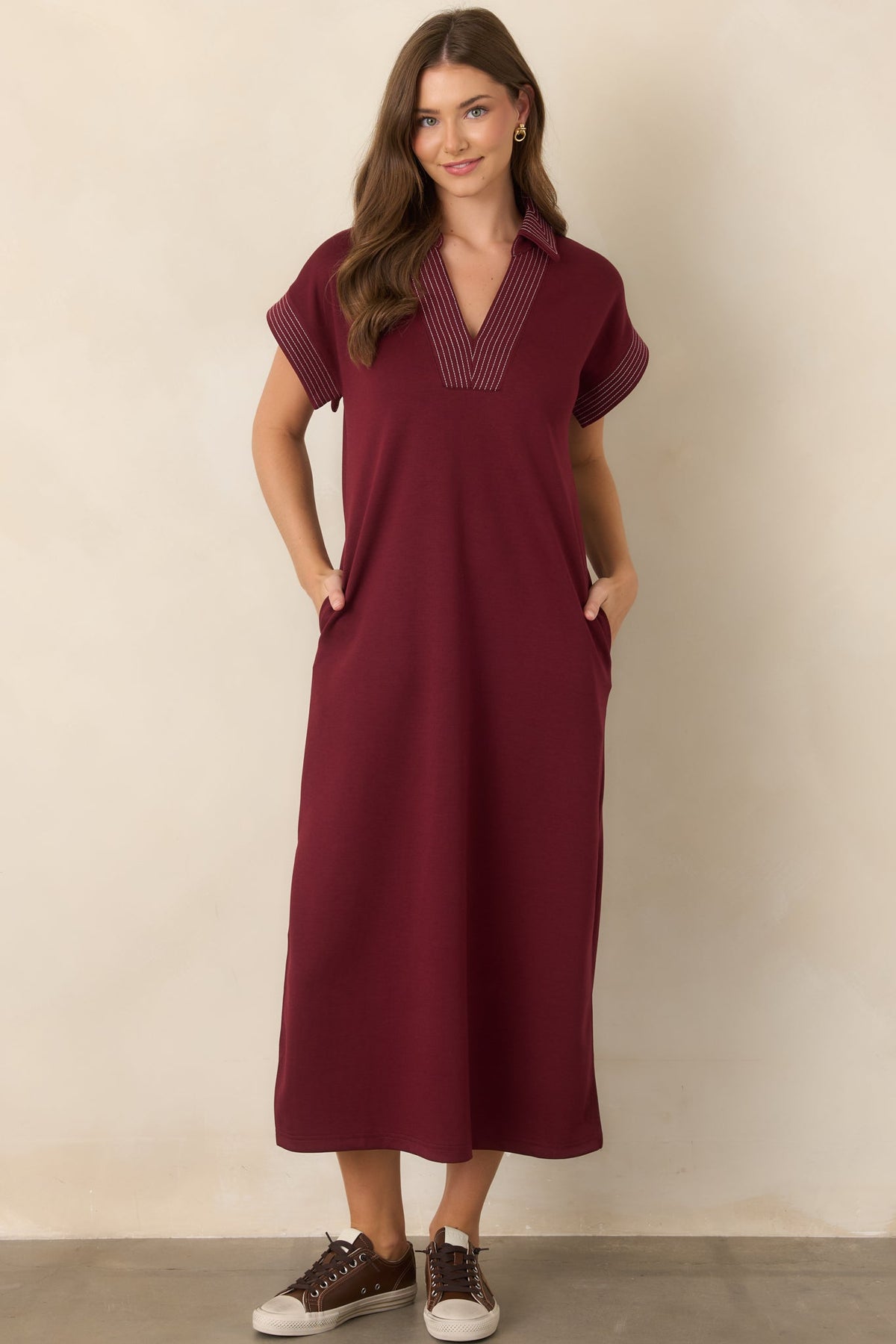 One Less Thing Wine V-Neck Contrast Pinstripe Maxi Dress