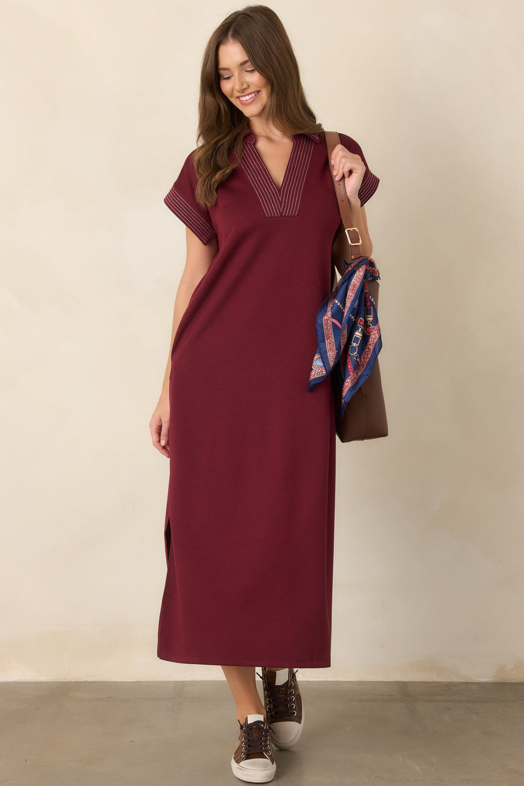 One Less Thing Wine V-Neck Contrast Pinstripe Maxi Dress