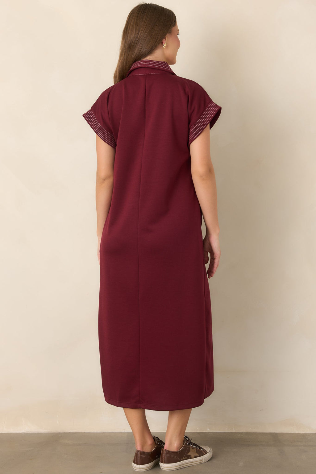 One Less Thing Wine V-Neck Contrast Pinstripe Maxi Dress