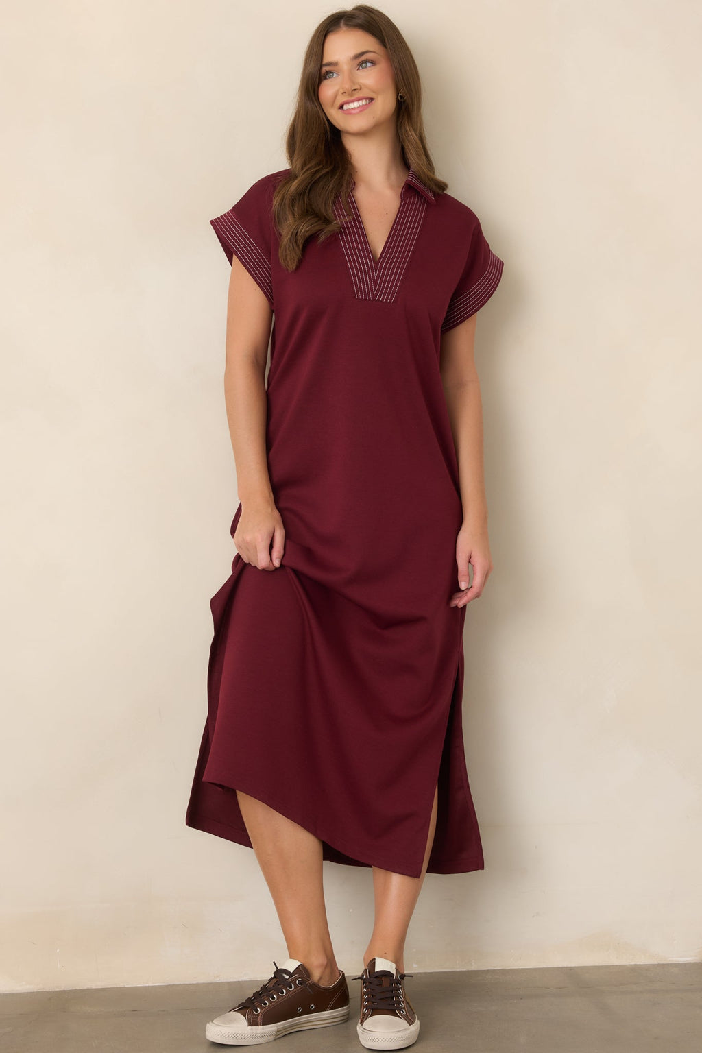 One Less Thing Wine V-Neck Contrast Pinstripe Maxi Dress