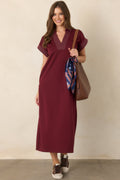 One Less Thing Wine V-Neck Contrast Pinstripe Maxi Dress
