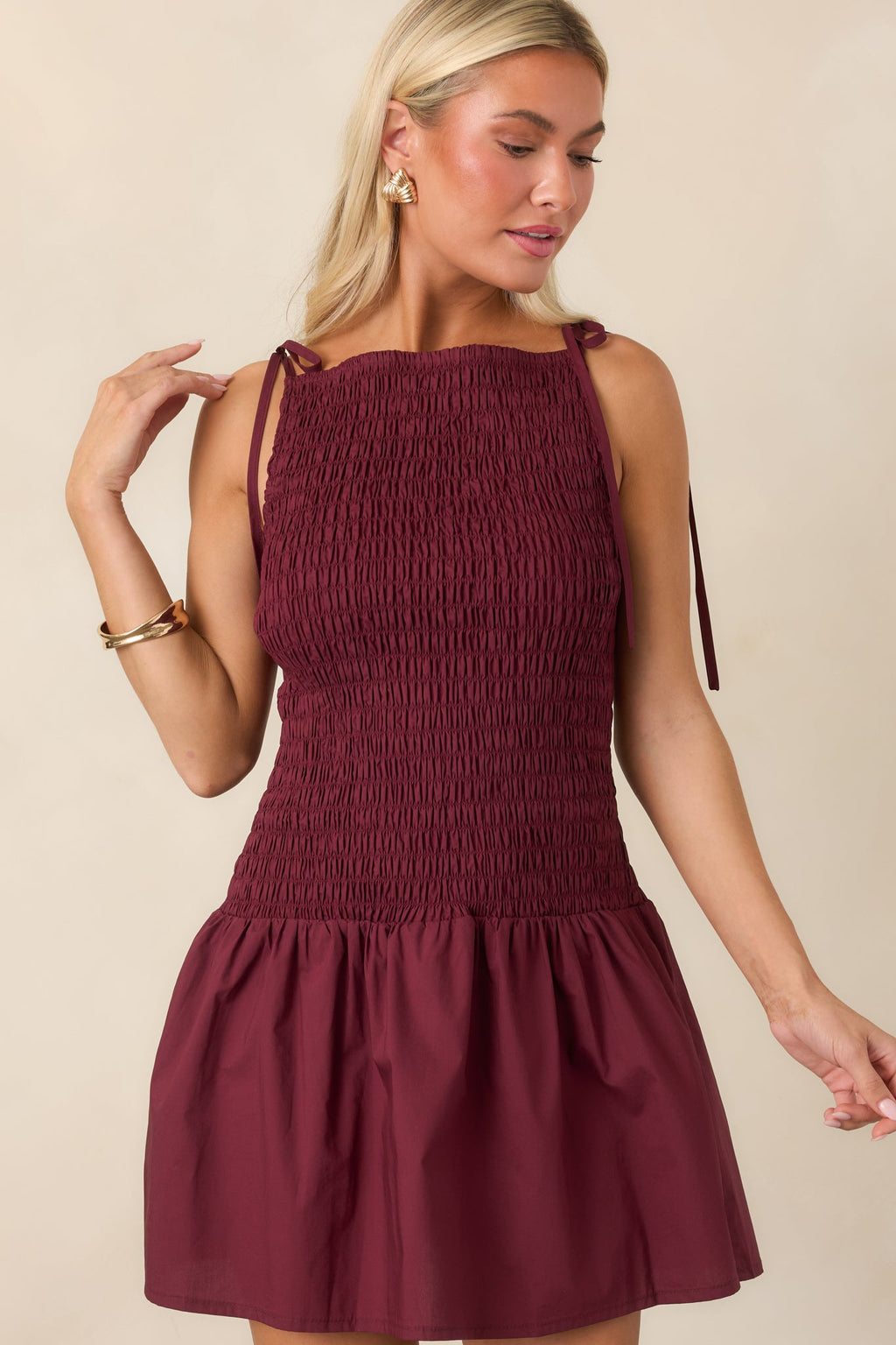 MINKPINK Lola Wine Red Cotton Shirred Mini Dress