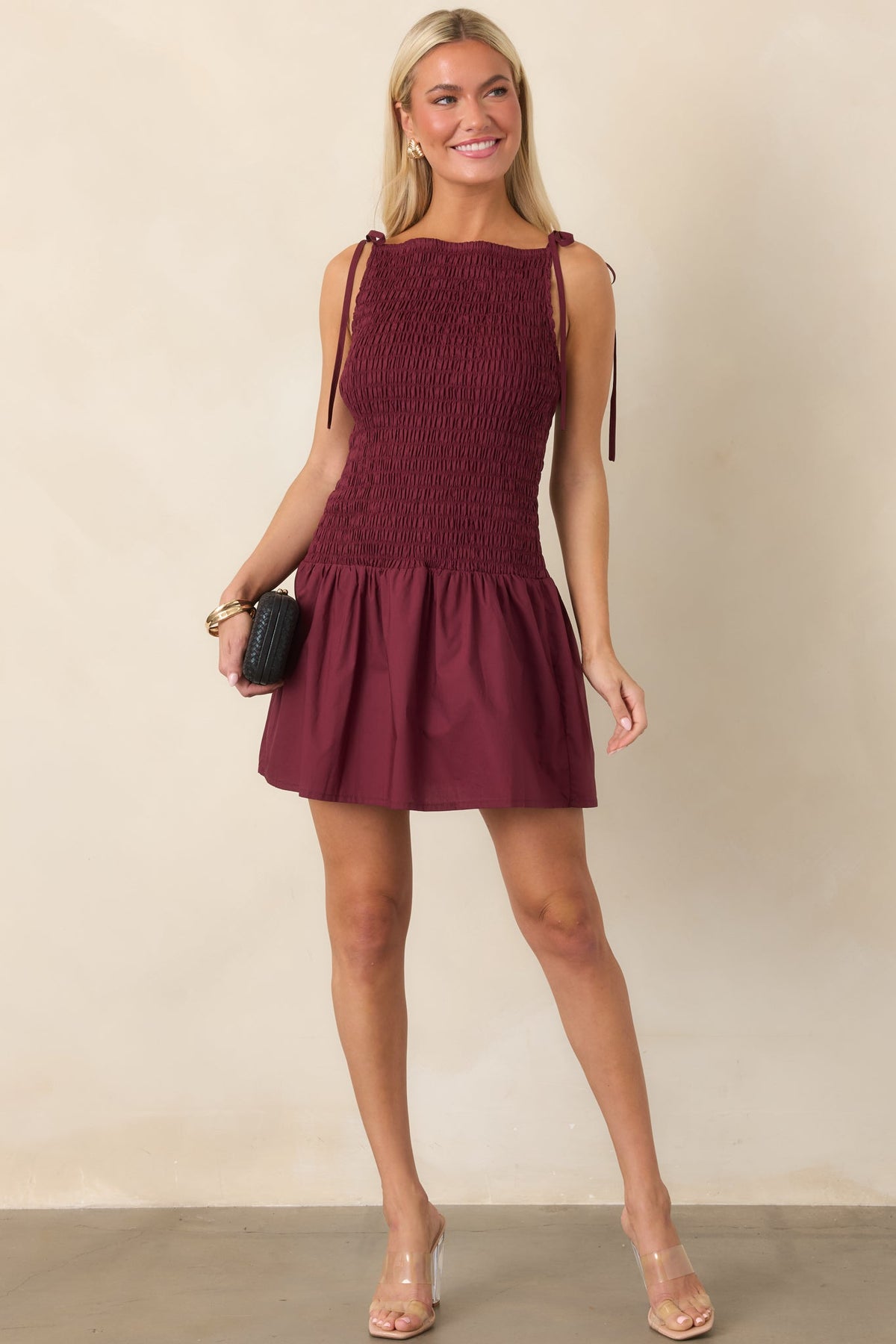 MINKPINK Lola Wine Red Cotton Shirred Mini Dress