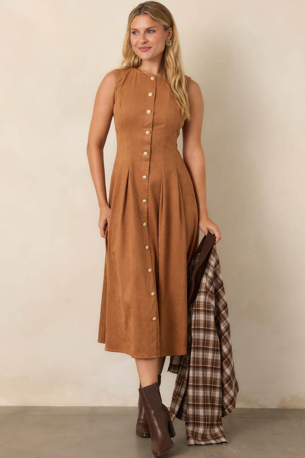 Worth Your While Camel Faux Suede Gold Button Midi Dress