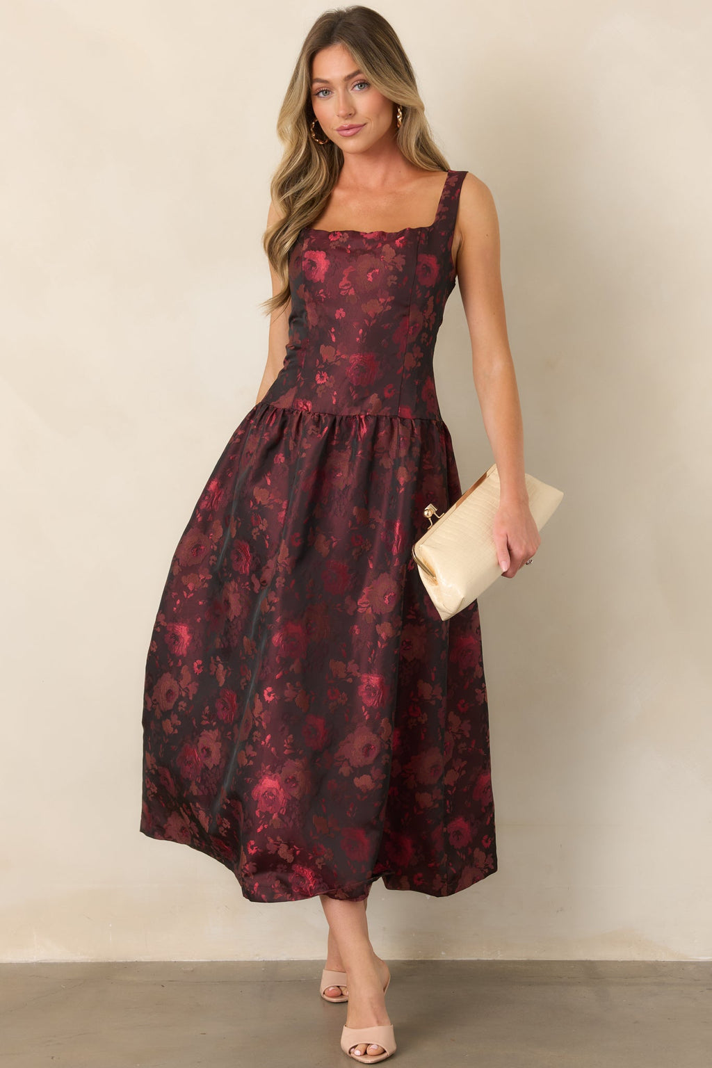 A Beautiful Thing Burgundy Floral Jacquard Midi Dress
