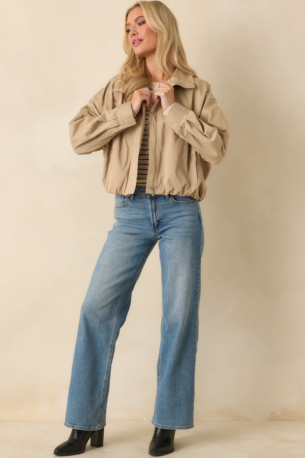 Smooth Finish Khaki Zip Up Bomber Jacket
