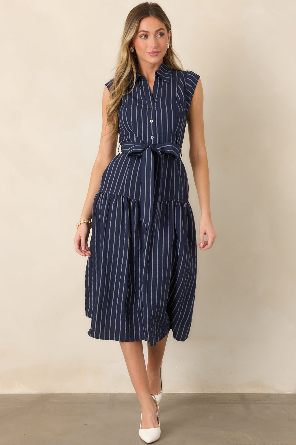Always On Course Navy Striped Button Front Midi Dress