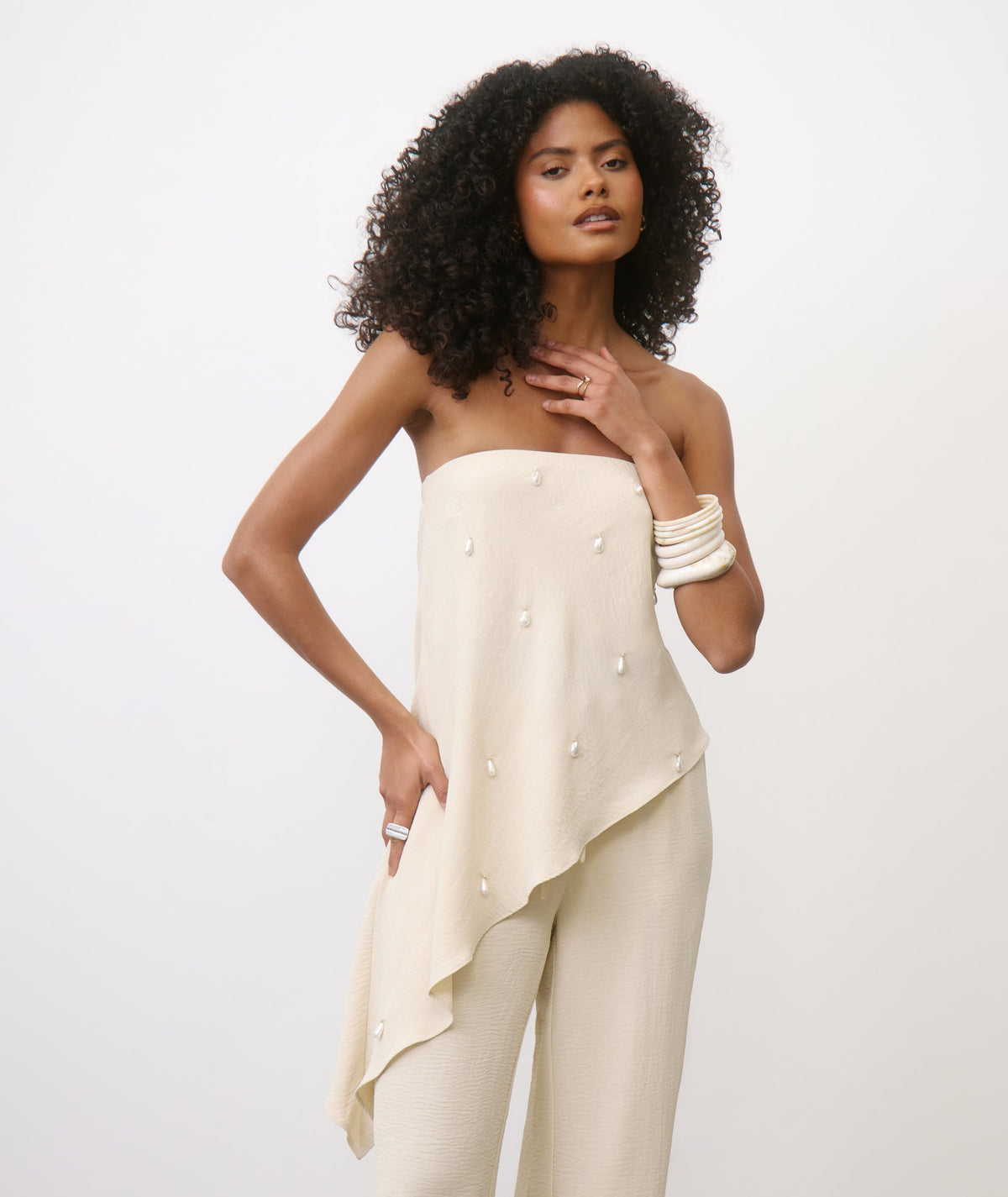 Pearl Beaded Bandeau Asymmetric Top  - Stone