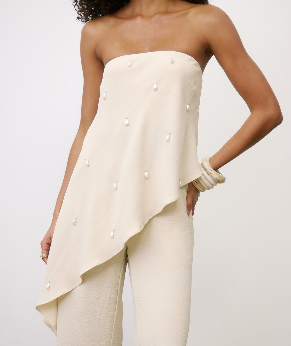 Pearl Beaded Bandeau Asymmetric Top  - Stone