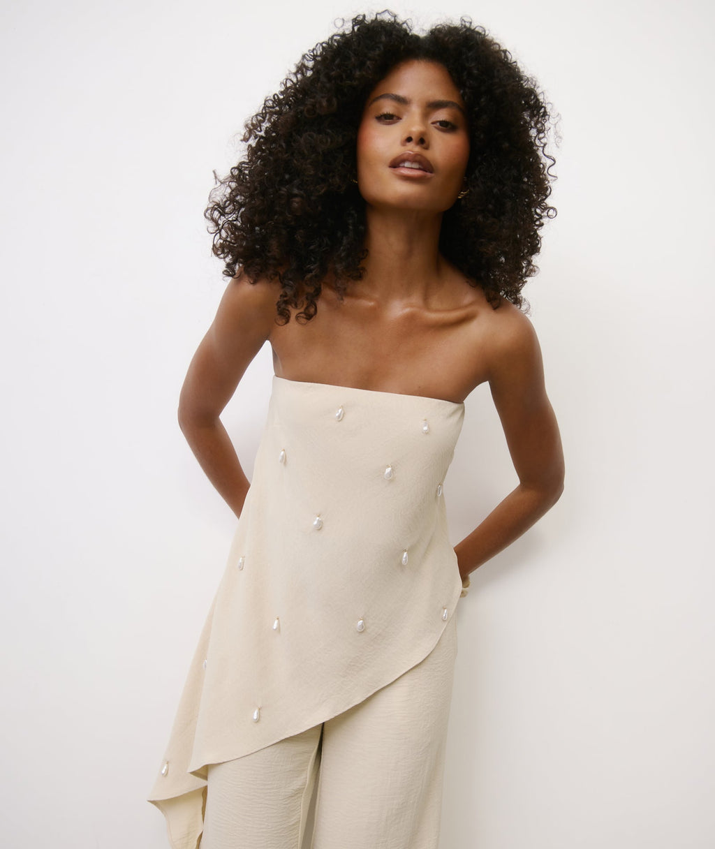 Pearl Beaded Bandeau Asymmetric Top  - Stone