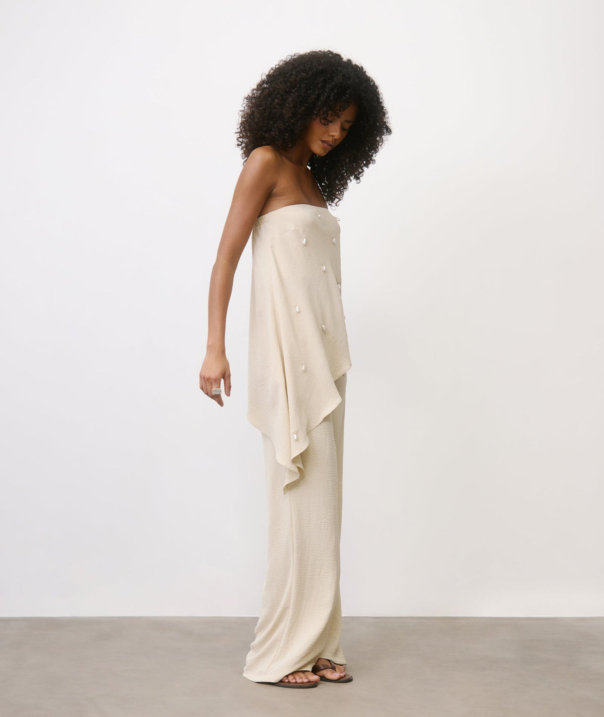 Pearl Beaded Bandeau Asymmetric Top  - Stone