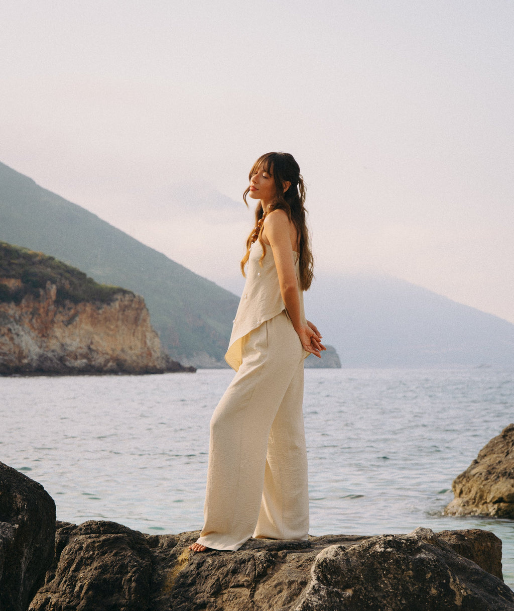 Linen Look Relaxed Trousers - Stone