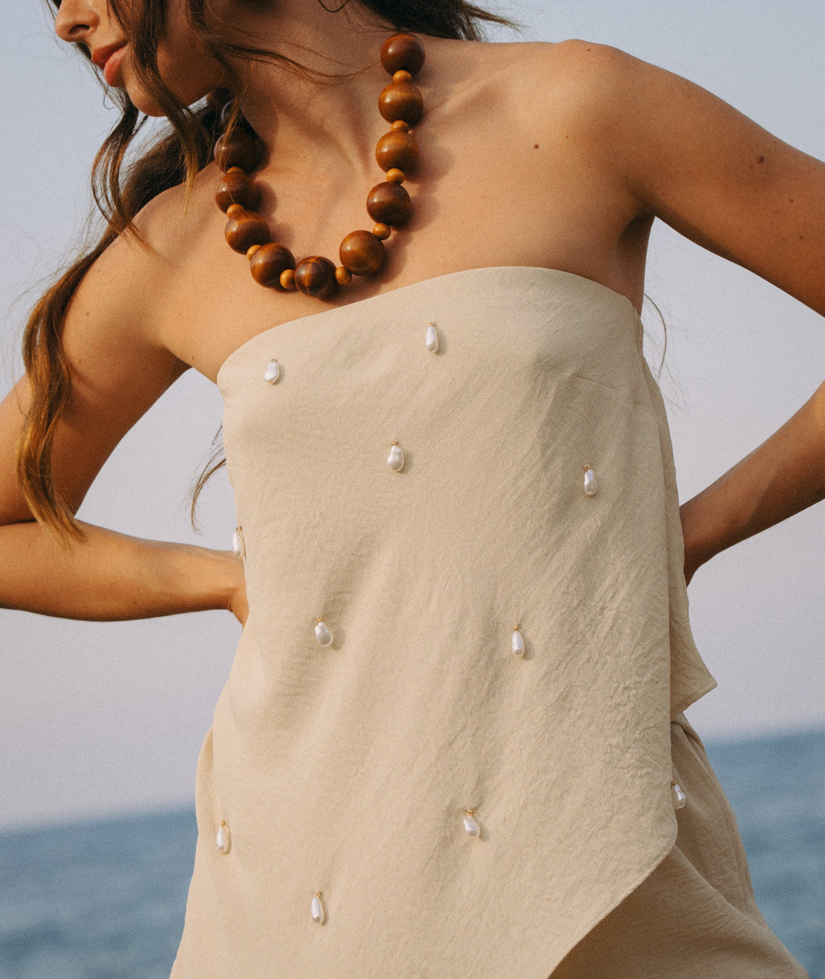 Pearl Beaded Bandeau Asymmetric Top  - Stone