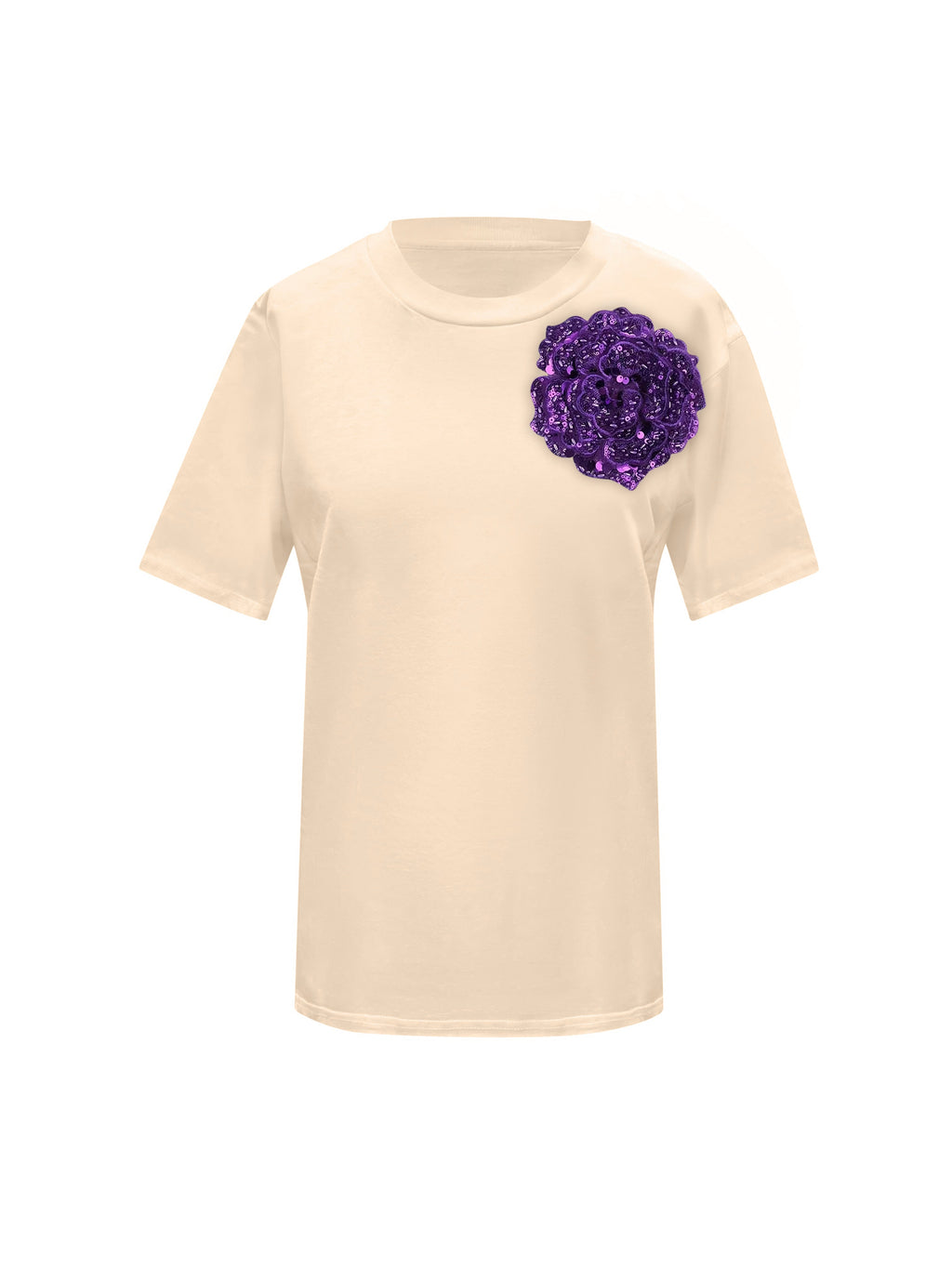 Beige Cotton Toma T-Shirt With Sequin Flower