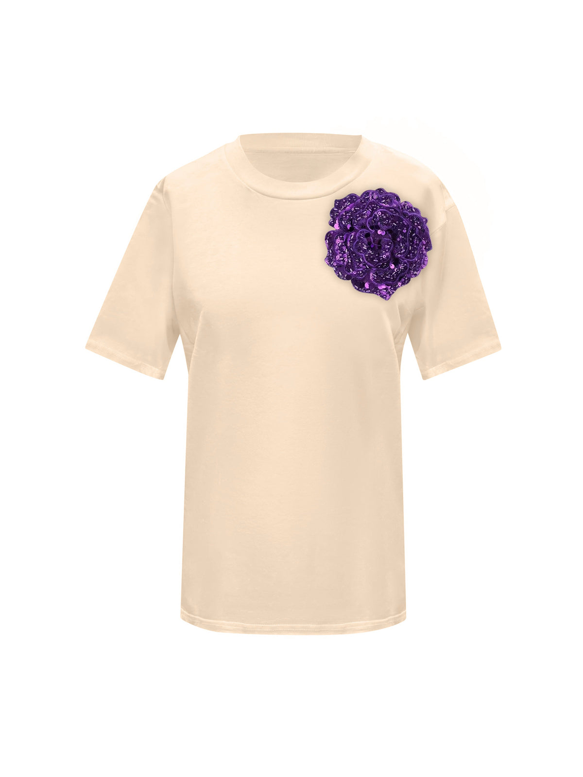 Beige Cotton Toma T-Shirt With Sequin Flower