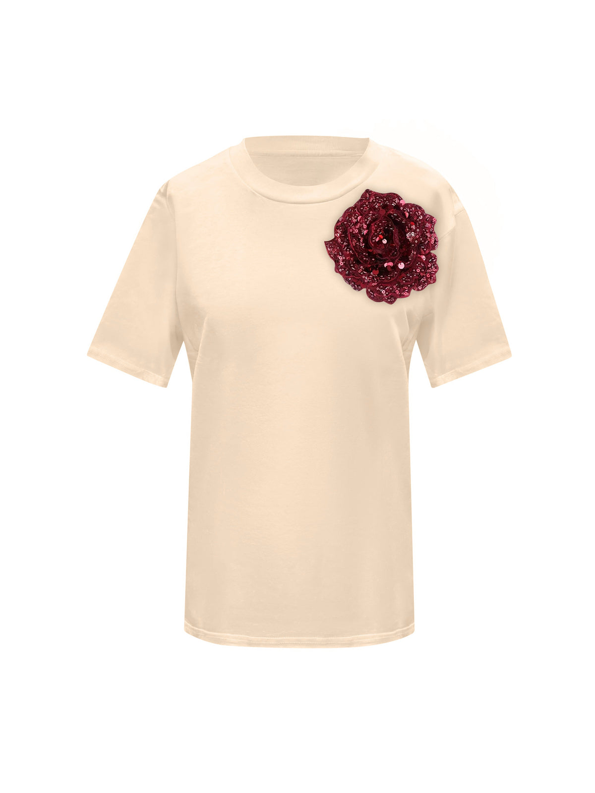 Beige Cotton Toma T-Shirt With Sequin Flower