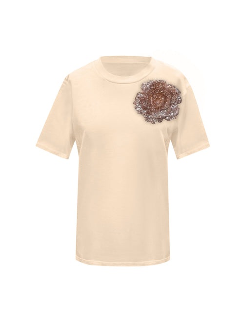 Beige Cotton Toma T-Shirt With Sequin Flower