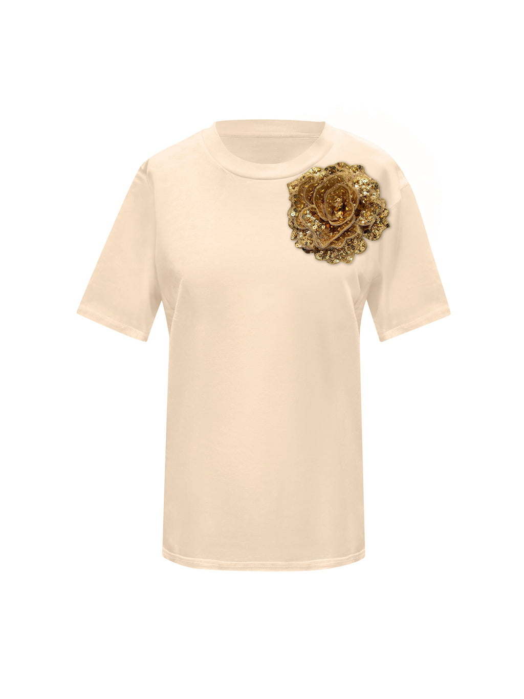 Beige Cotton Toma T-Shirt With Sequin Flower